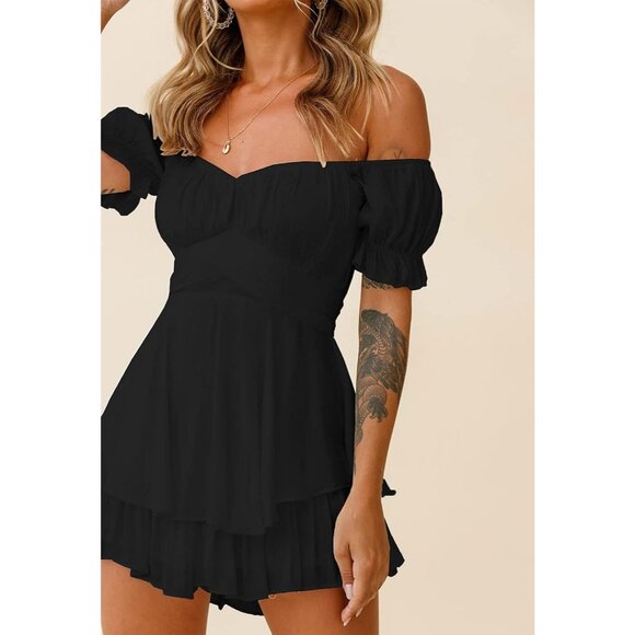 Fixmatti Women Black Boho RomperShoulder Ruffle Chiffon Jumpsuit Playsuits - Picture 2 of 7